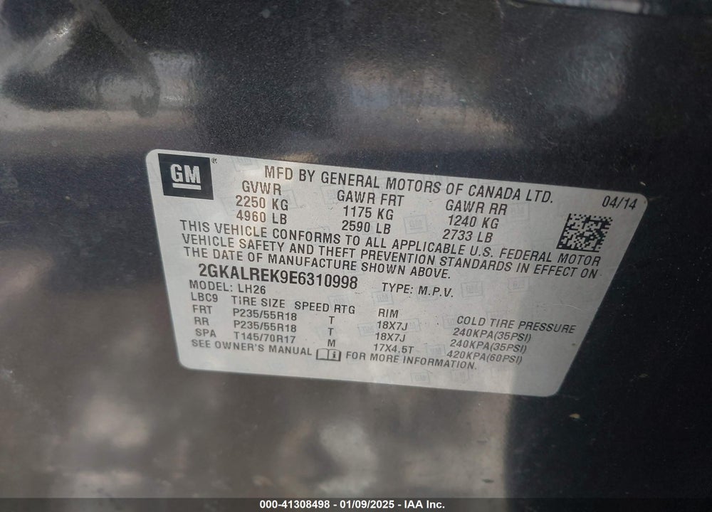 2014 GMC TERRAIN SLE-2 VIN: 2GKALREK9E6310998