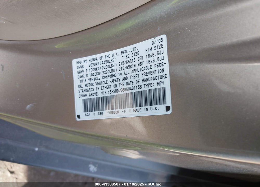 2006 HONDA CR-V EX VIN: SHSRD78896U401158
