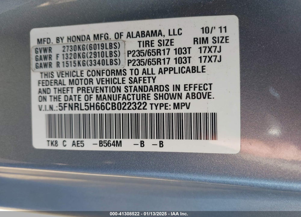 2012 HONDA ODYSSEY EX-L VIN: 5FNRL5H66CB022322