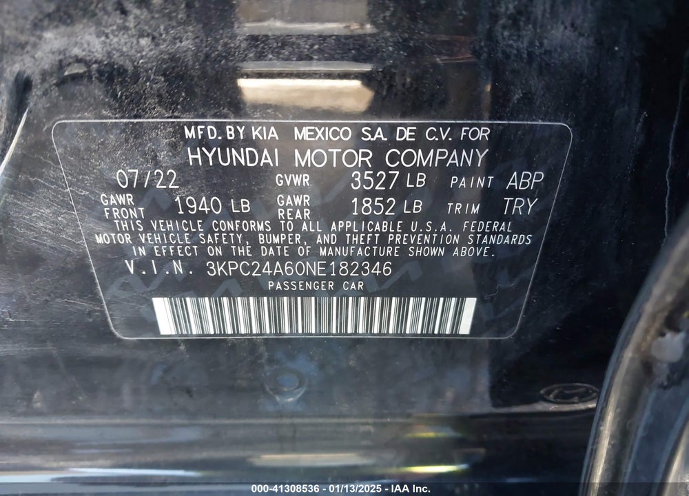2022 HYUNDAI ACCENT VIN: 3KPC24A60NE182346