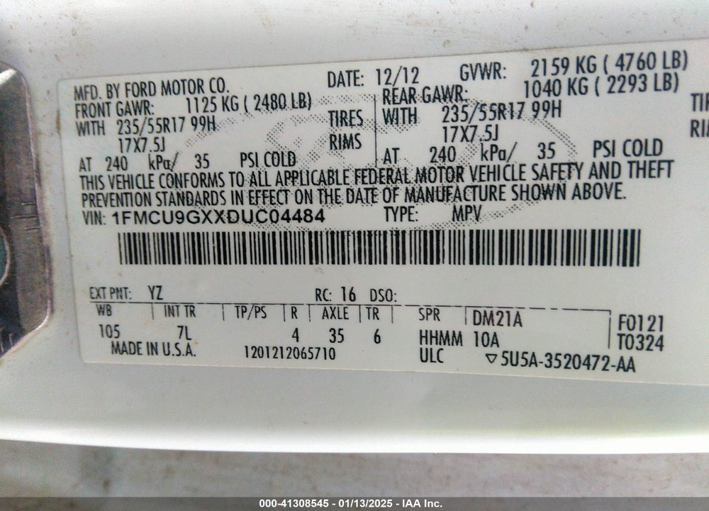 2013 FORD ESCAPE SE VIN: 1FMCU9GXXDUC04484