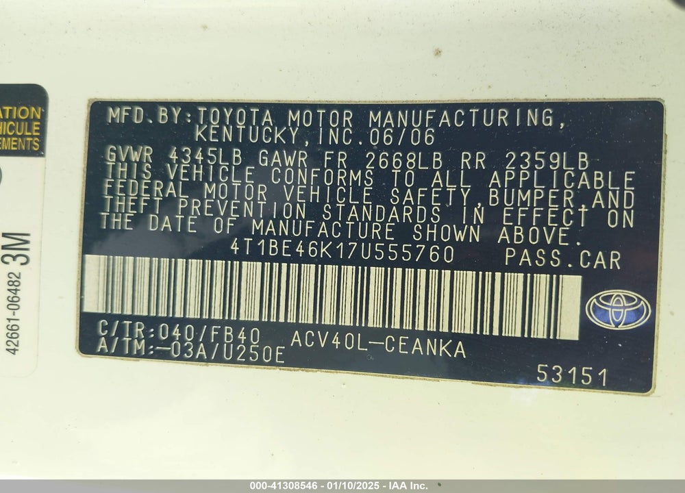 2007 TOYOTA CAMRY LE VIN: 4T1BE46K17U555760