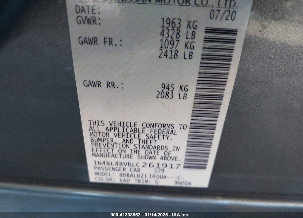 2020 NISSAN ALTIMA S FWD VIN: 1N4BL4BV6LC261917