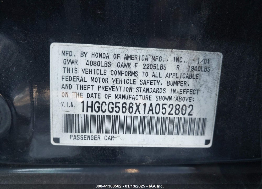 2001 HONDA ACCORD 2.3 EX VIN: 1HGCG566X1A052802