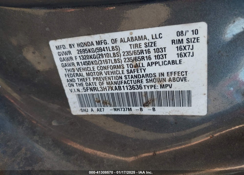 2010 HONDA ODYSSEY EX-L VIN: 5FNRL3H7XAB113636