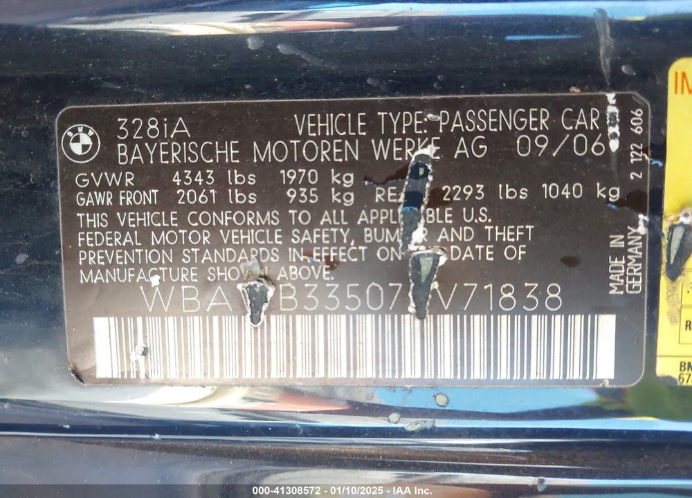 2007 BMW 328I VIN: WBAWB33507PV71838