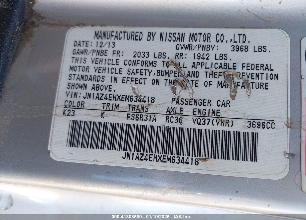 2014 NISSAN 370Z VIN: JN1AZ4EHXEM634418