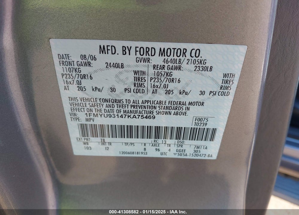 2007 FORD ESCAPE XLT/XLT SPORT VIN: 1FMYU93147KA75469