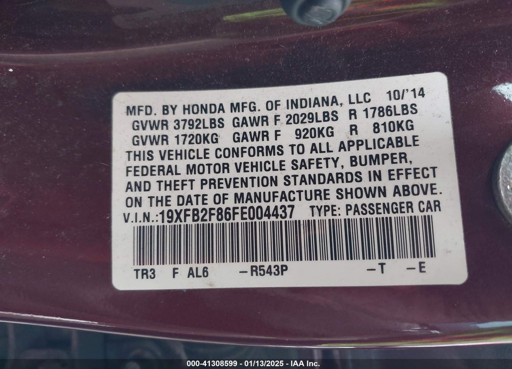 2015 HONDA CIVIC VIN: 19XFB2F86FE004437