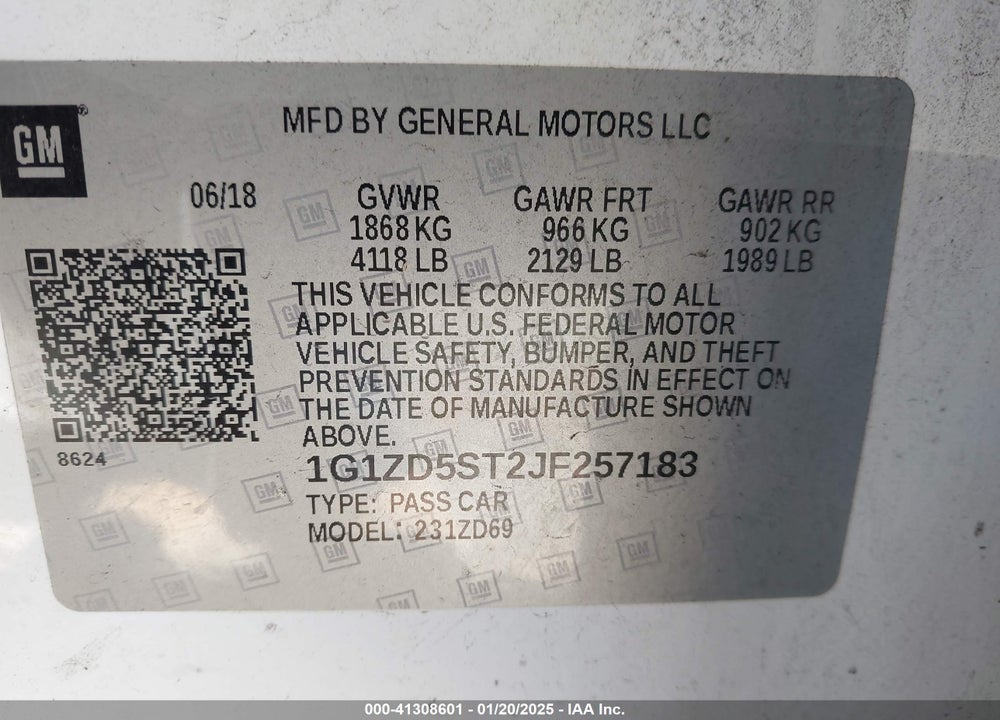 2018 CHEVROLET MALIBU VIN: 1G1ZD5ST2JF257183