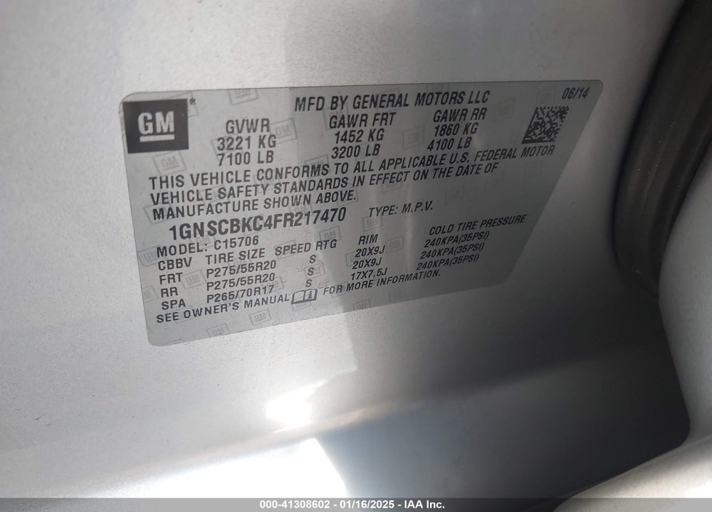 2015 CHEVROLET TAHOE LT VIN: 1GNSCBKC4FR217470