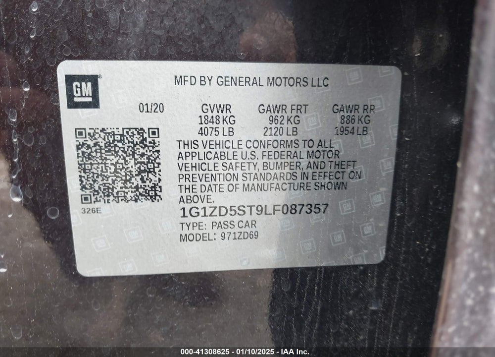 2020 CHEVROLET MALIBU FWD LT VIN: 1G1ZD5ST9LF087357