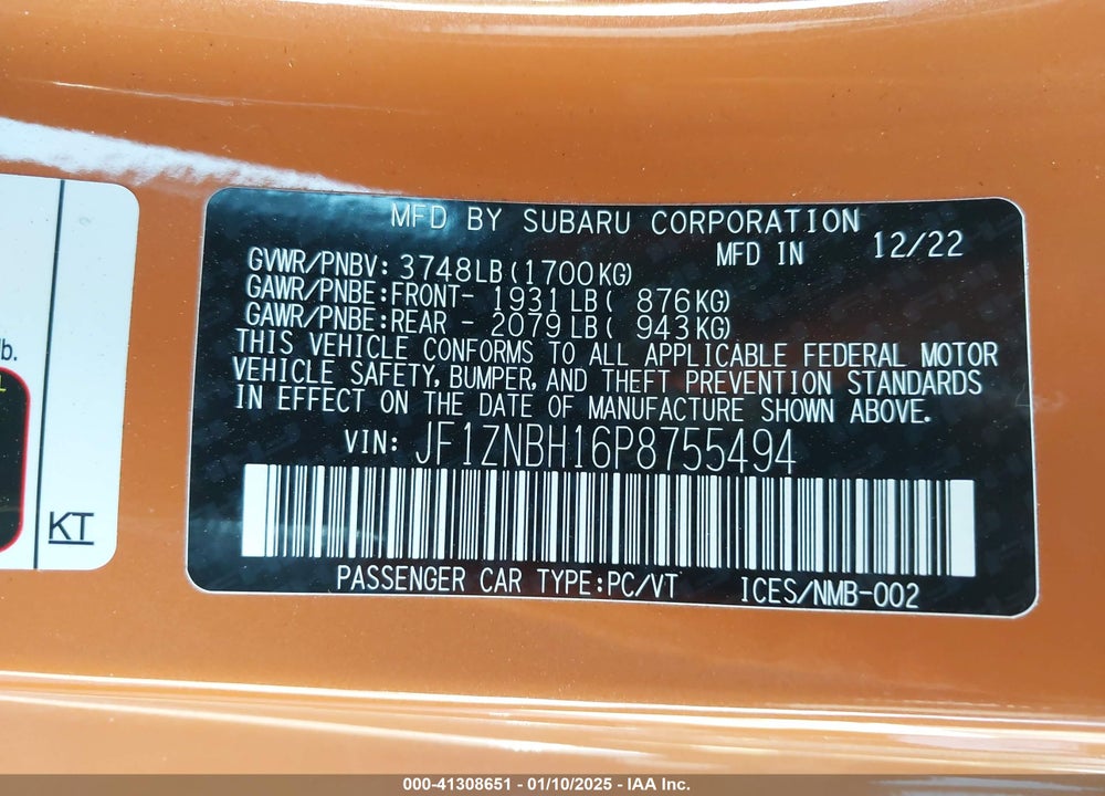 2023 TOYOTA GR86 VIN: JF1ZNBH16P8755494
