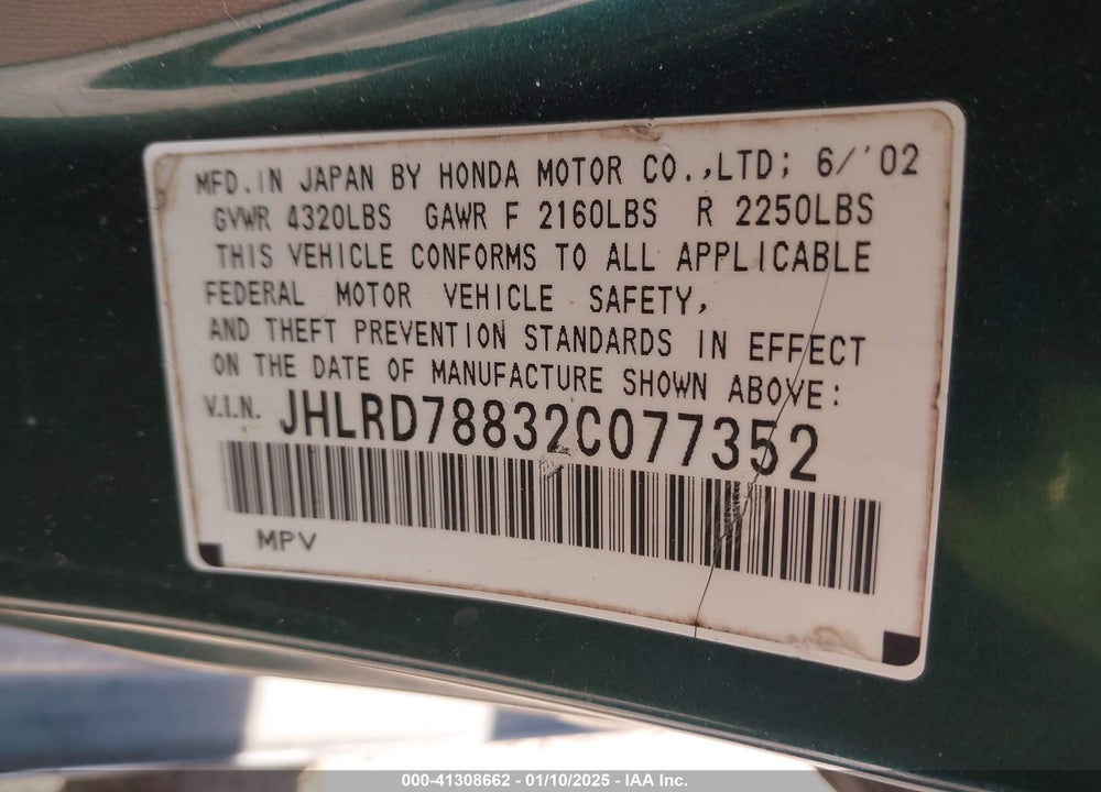 2002 HONDA CR-V VIN: JHLRD78832C077352