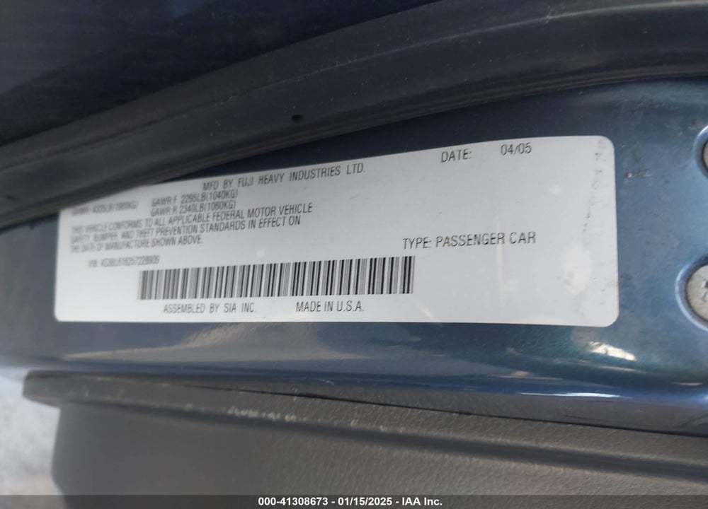 2005 SUBARU LEGACY 2.5I VIN: 4S3BL616257228909