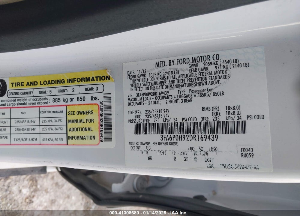 2013 FORD FUSION SE VIN: 3FA6P0H92DR169439