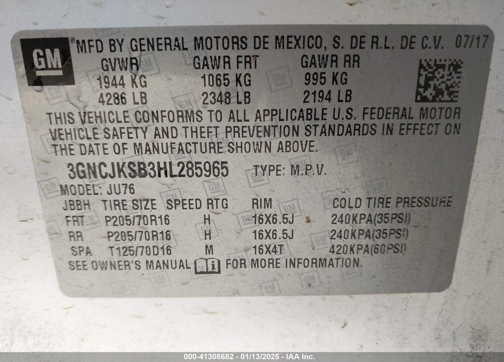 2017 CHEVROLET TRAX LS VIN: 3GNCJKSB3HL285965