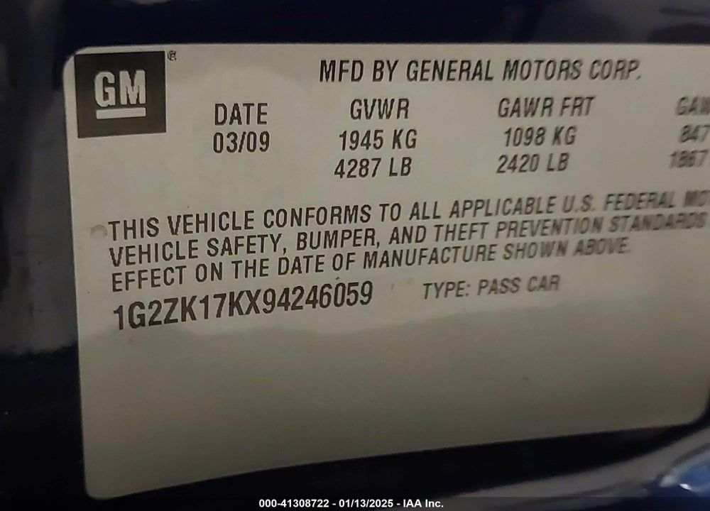 2009 PONTIAC G6 NEW GT VIN: 1G2ZK17KX94246059