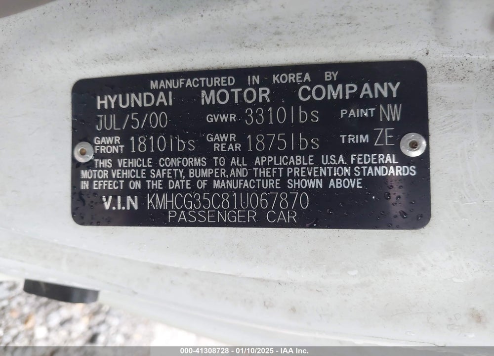 2001 HYUNDAI ACCENT GS VIN: KMHCG35C81U067870