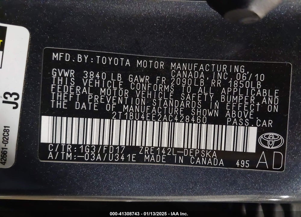 2010 TOYOTA COROLLA S VIN: 2T1BU4EE2AC428460