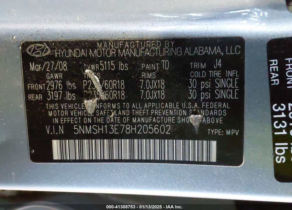 2008 HYUNDAI SANTA FE LIMITED/SE VIN: 5NMSH13E78H205602