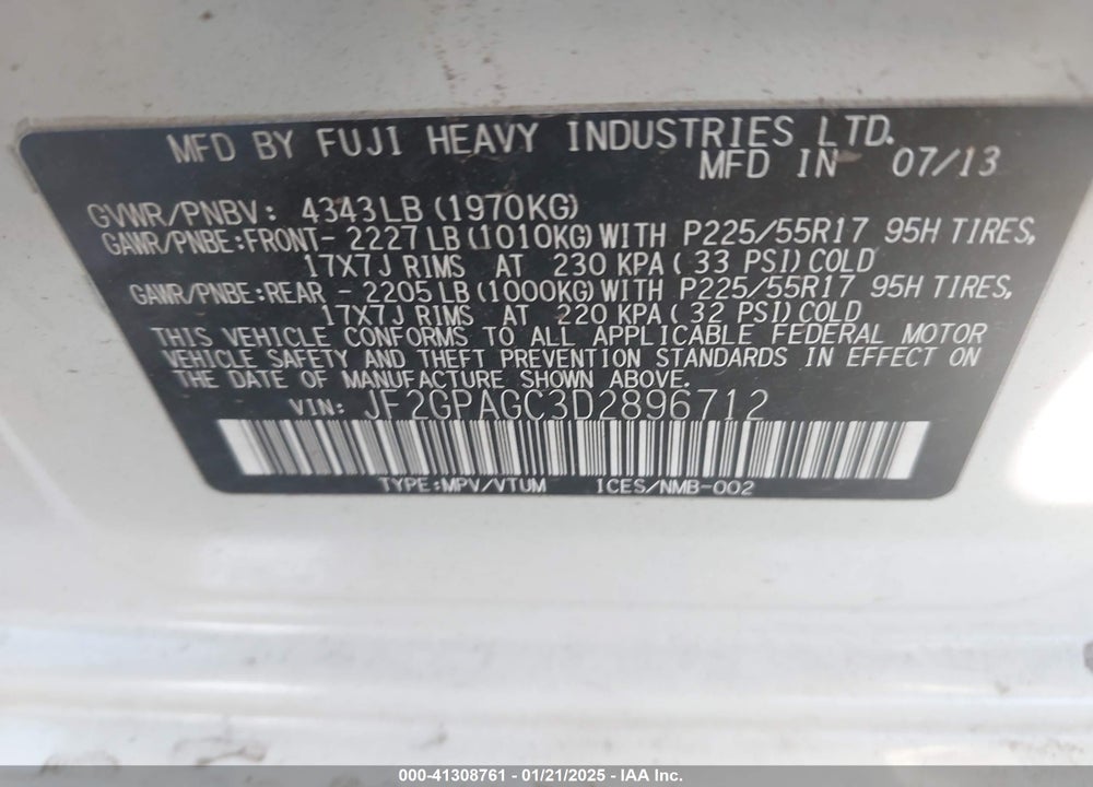 2013 SUBARU XV CROSSTREK 2.0I LIMITED VIN: JF2GPAGC3D2896712