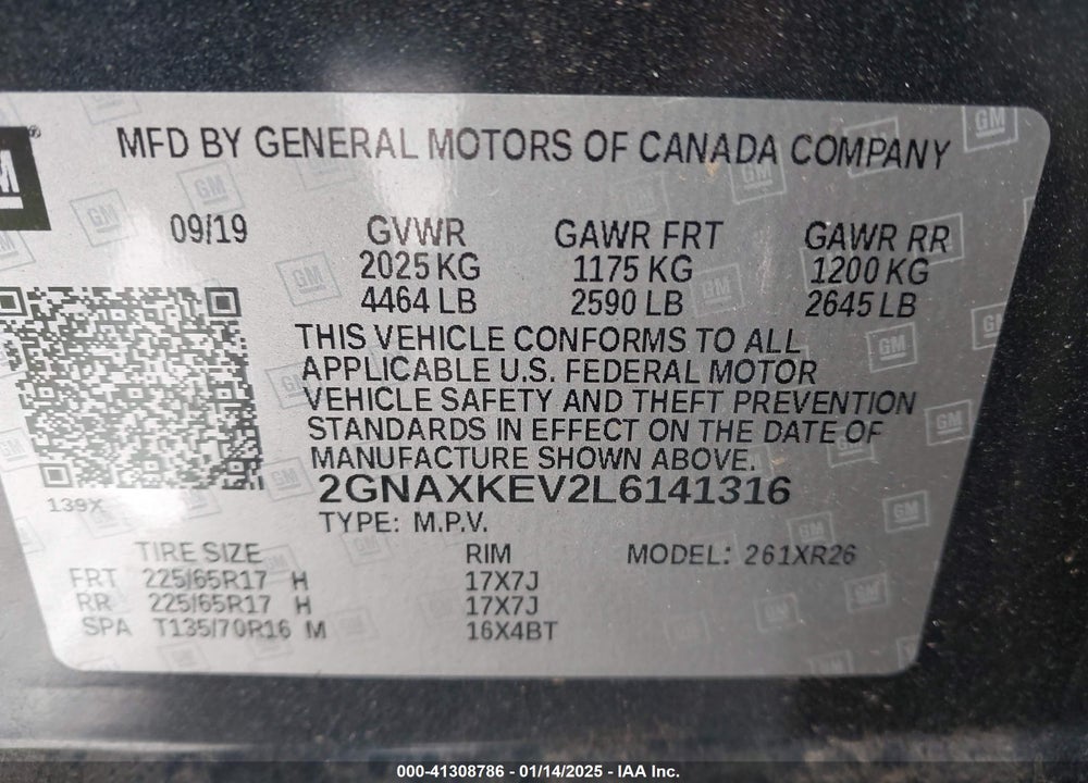 2020 CHEVROLET EQUINOX FWD LT 1.5L TURBO VIN: 2GNAXKEV2L6141316