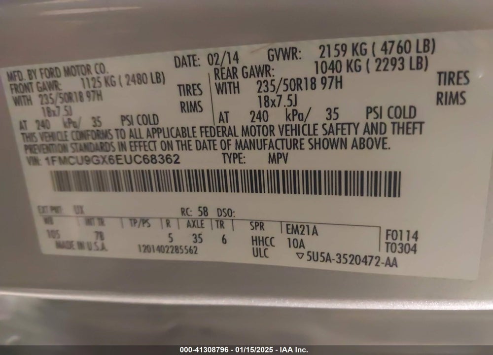 2014 FORD ESCAPE SE VIN: 1FMCU9GX6EUC68362