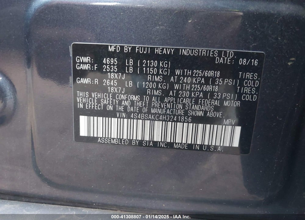 2017 SUBARU OUTBACK 2.5I LIMITED VIN: 4S4BSAKC4H3241856