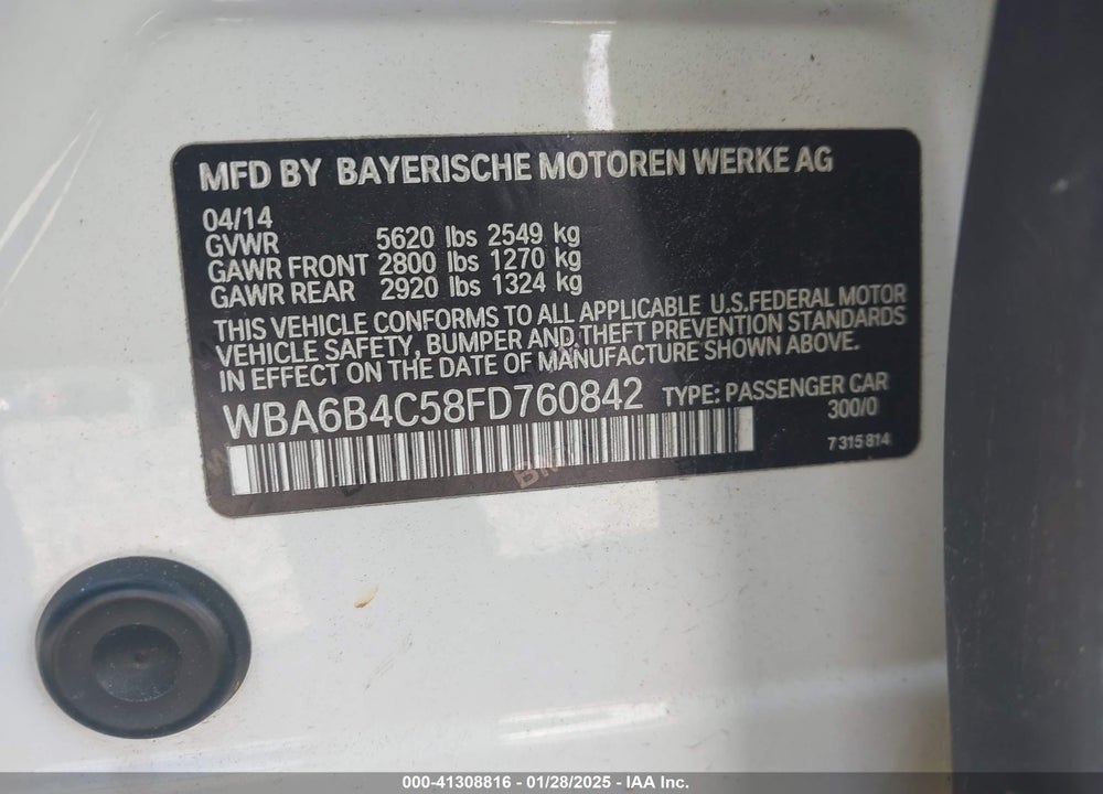 2015 BMW 650I GRAN COUPE XDRIVE VIN: WBA6B4C58FD760842