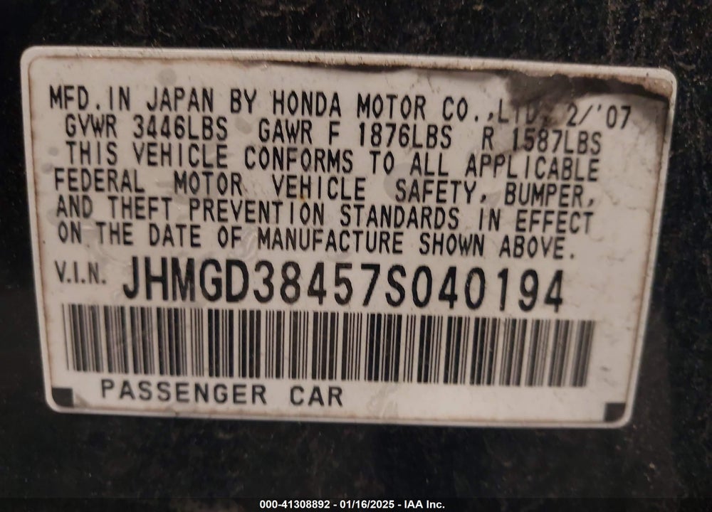 2007 HONDA FIT VIN: JHMGD38457S040194