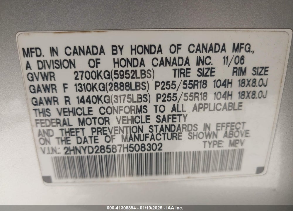 2007 ACURA MDX SPORT PACKAGE VIN: 2HNYD28587H508302