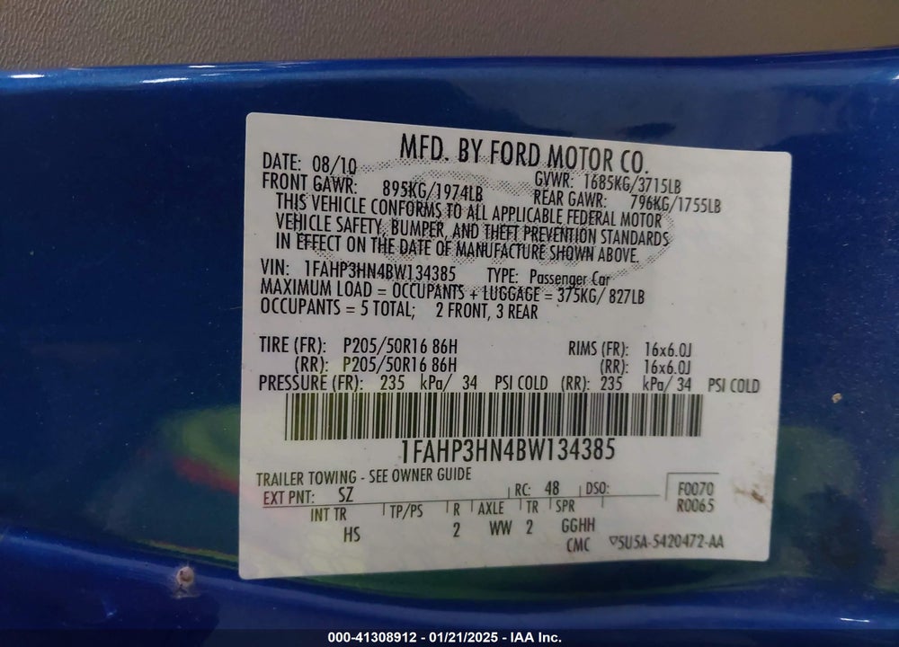 2011 FORD FOCUS SEL VIN: 1FAHP3HN4BW134385