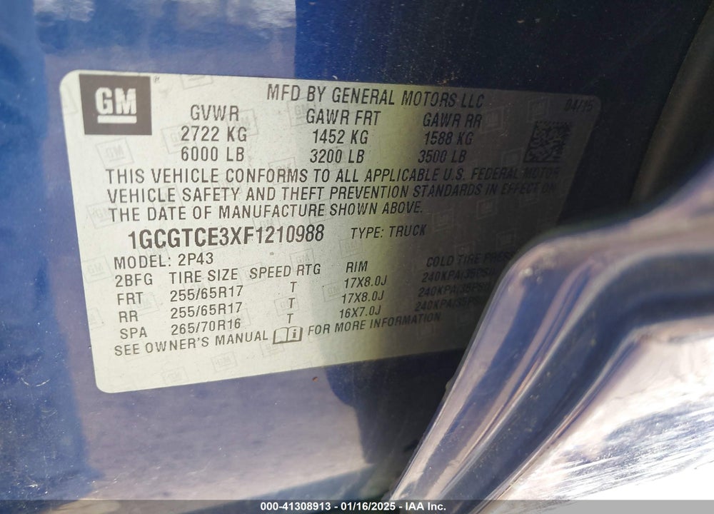 2015 CHEVROLET COLORADO VIN: 1GCGTCE3XF1210988