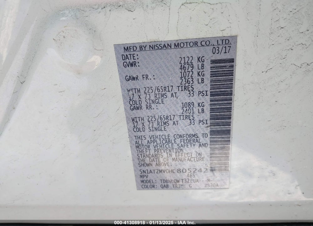 2017 NISSAN ROGUE SV VIN: 5N1AT2MV0HC805242