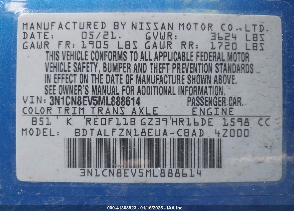 2021 NISSAN VERSA VIN: 3N1CN8EV5ML888614