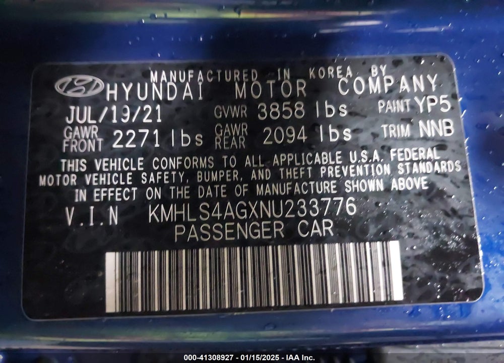 2022 HYUNDAI ELANTRA VIN: KMHLS4AGXNU233776