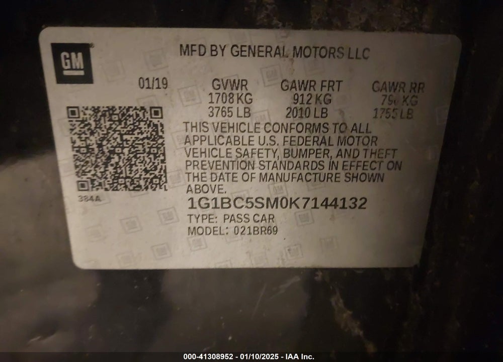2019 CHEVROLET CRUZE LS VIN: 1G1BC5SM0K7144132
