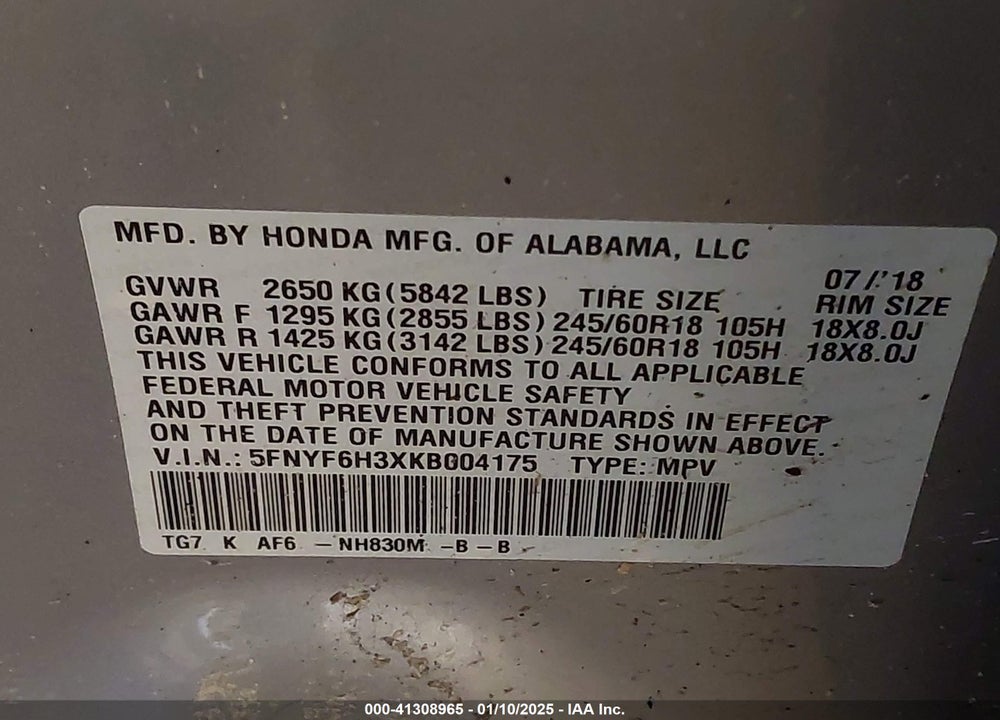 2019 HONDA PILOT EX VIN: 5FNYF6H3XKB004175