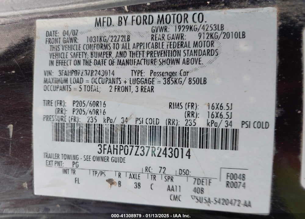 2007 FORD FUSION SE VIN: 3FAHP07Z37R243014