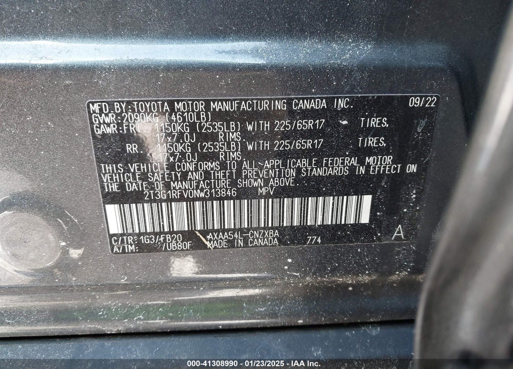2022 TOYOTA RAV4 LE VIN: 2T3G1RFV0NW313846