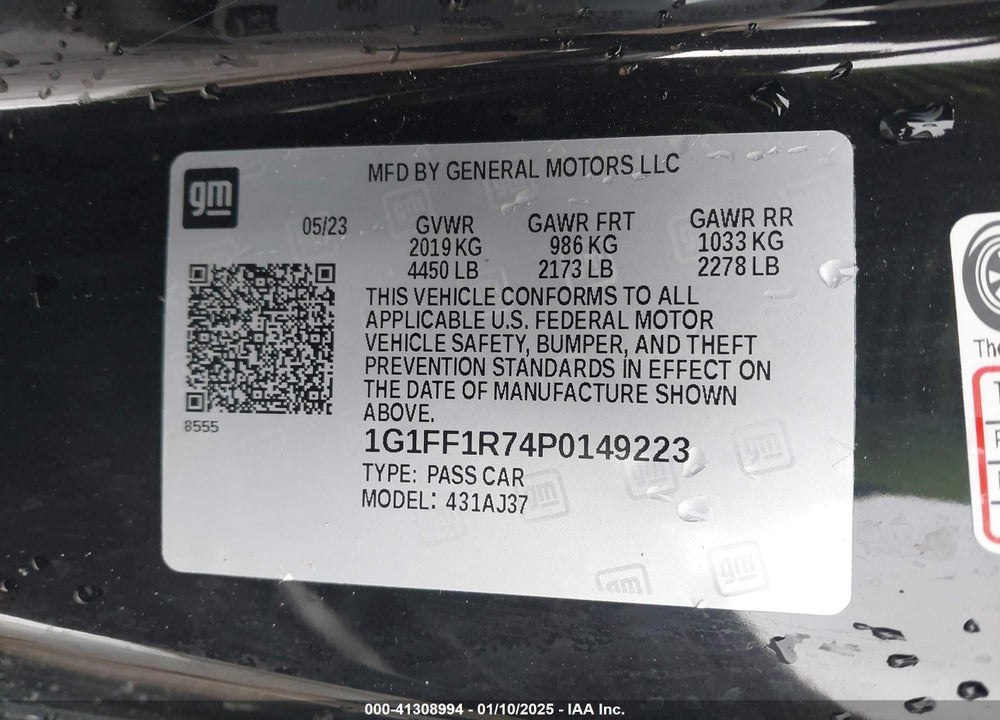 2023 CHEVROLET CAMARO VIN: 1G1FF1R74P0149223