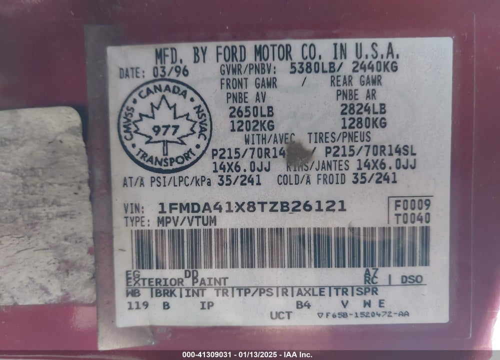 1996 FORD AEROSTAR VIN: 1FMDA41X8TZB26121