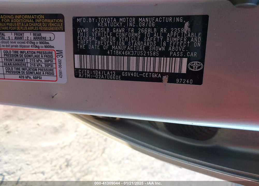 2007 TOYOTA CAMRY XLE V6 VIN: 4T1BK46K37U521585