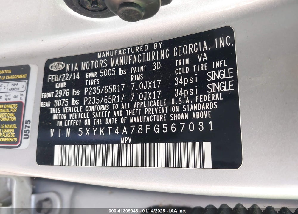 2015 KIA SORENTO VIN: 5XYKT4A78FG567031