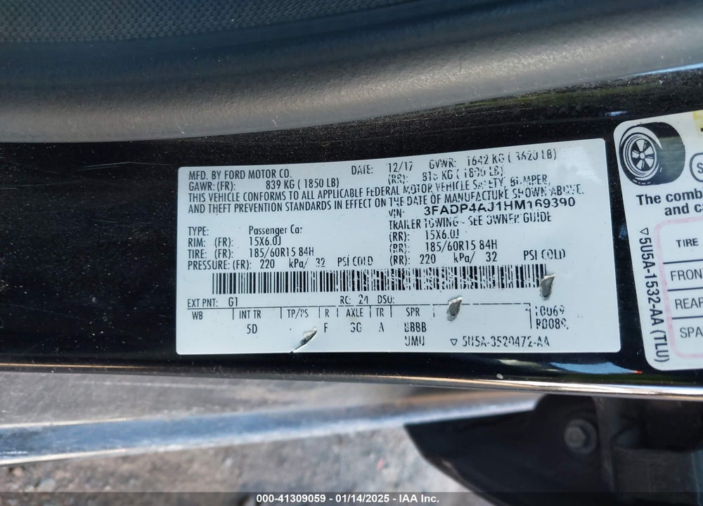 2017 FORD FIESTA VIN: 3FADP4AJ1HM169390