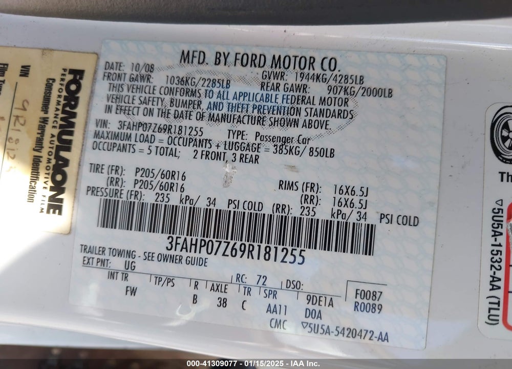 2009 FORD FUSION VIN: 3FAHP07Z69R181255