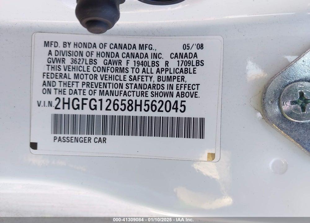 2008 HONDA CIVIC CPE VIN: 2HGFG12658H562045