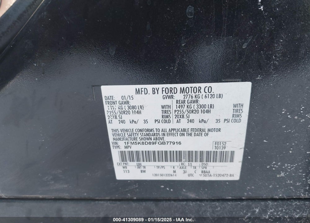 2015 FORD EXPLORER VIN: 1FM5K8D89FGB77916