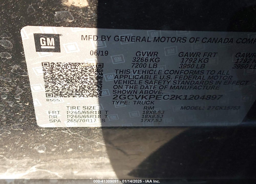 2019 CHEVROLET SILVERADO 1500 LD VIN: 2GCVKPEC2K1204897